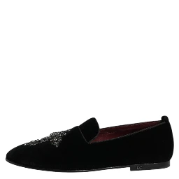 Black Velvet Embellished Loafer Slip On Shoes