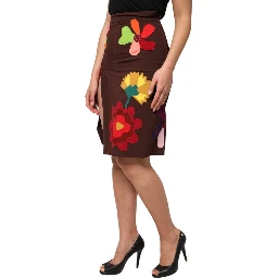 Brown Floral High Waist Side Slit Skirt