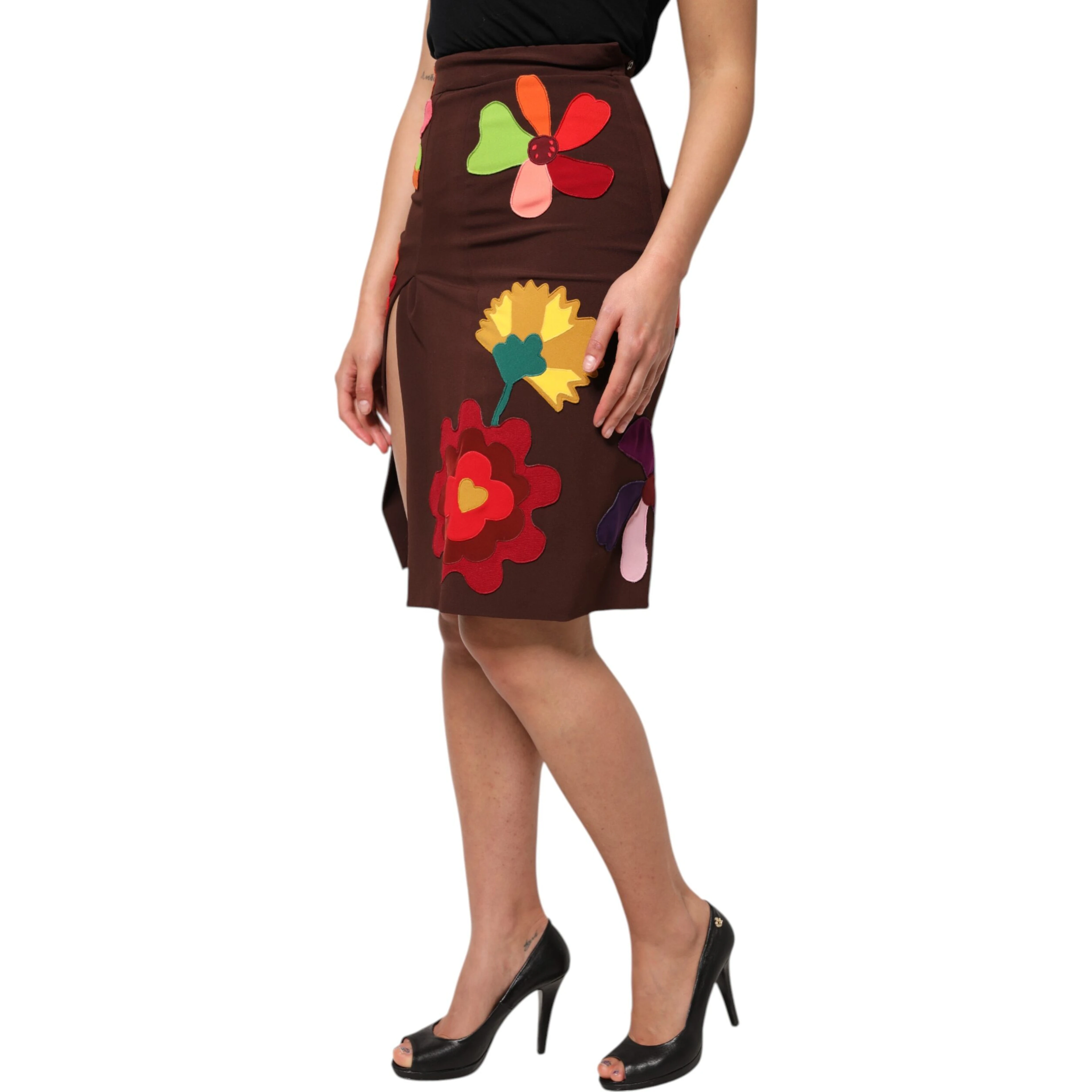 Brown Floral High Waist Side Slit Skirt