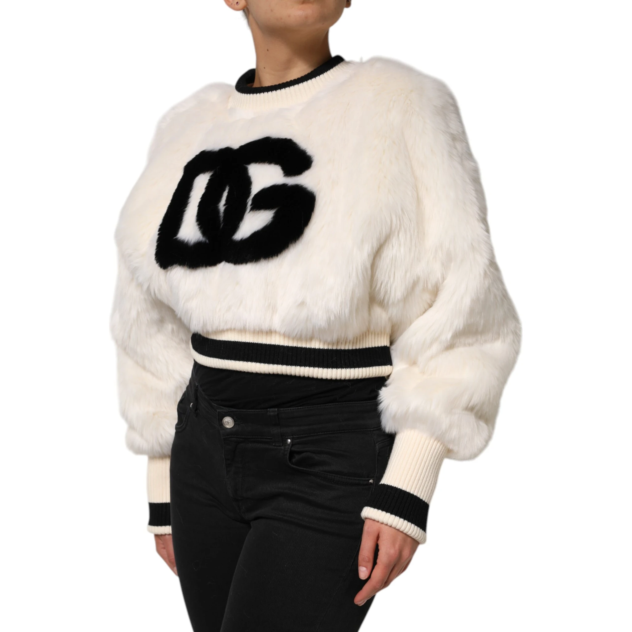White Cropped Faux Fur DG Sweatshirt Sweater
