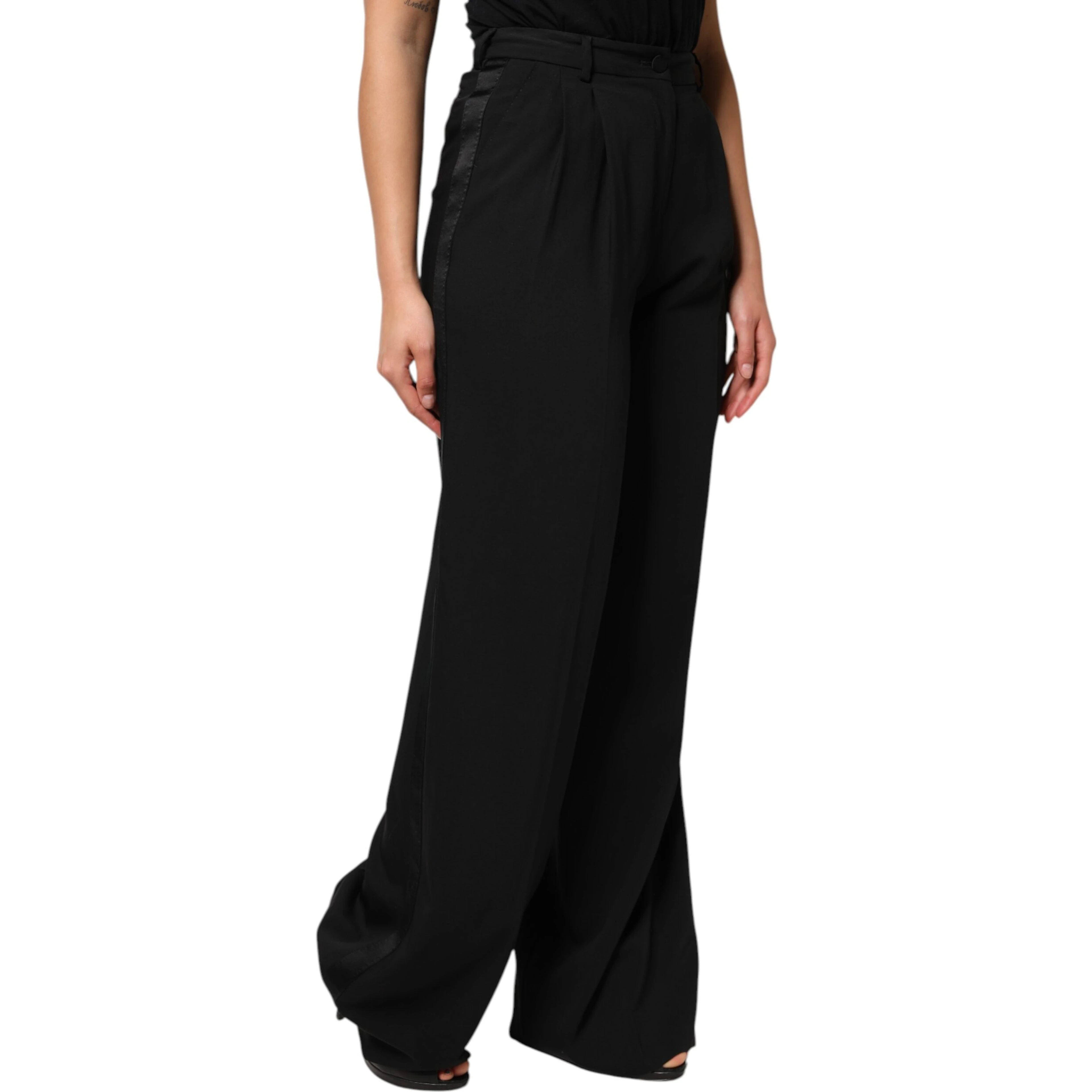 Black Wool High Waist Wide Leg Pants
