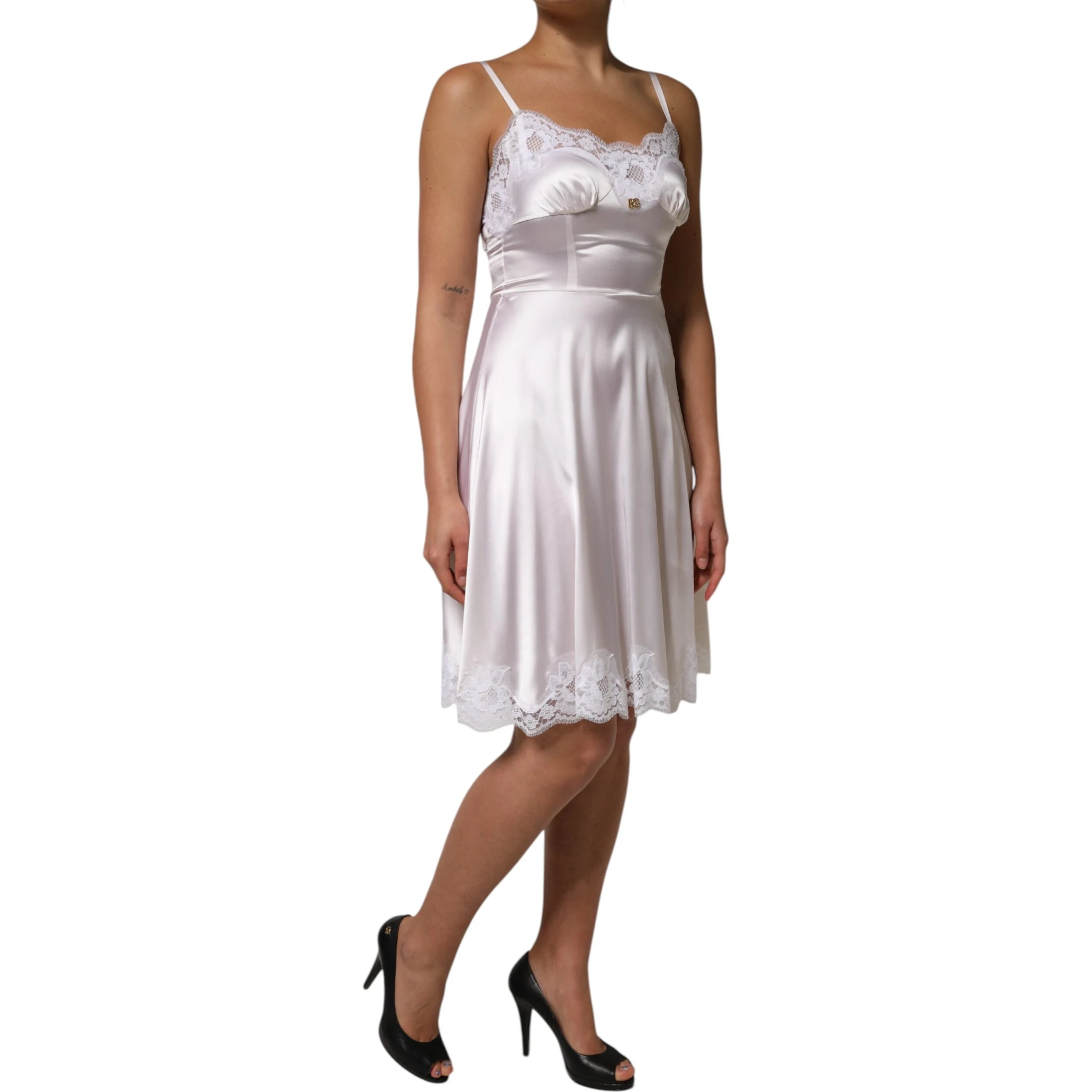 White Lace Gold DG Logo Silk Dress Sleepwear