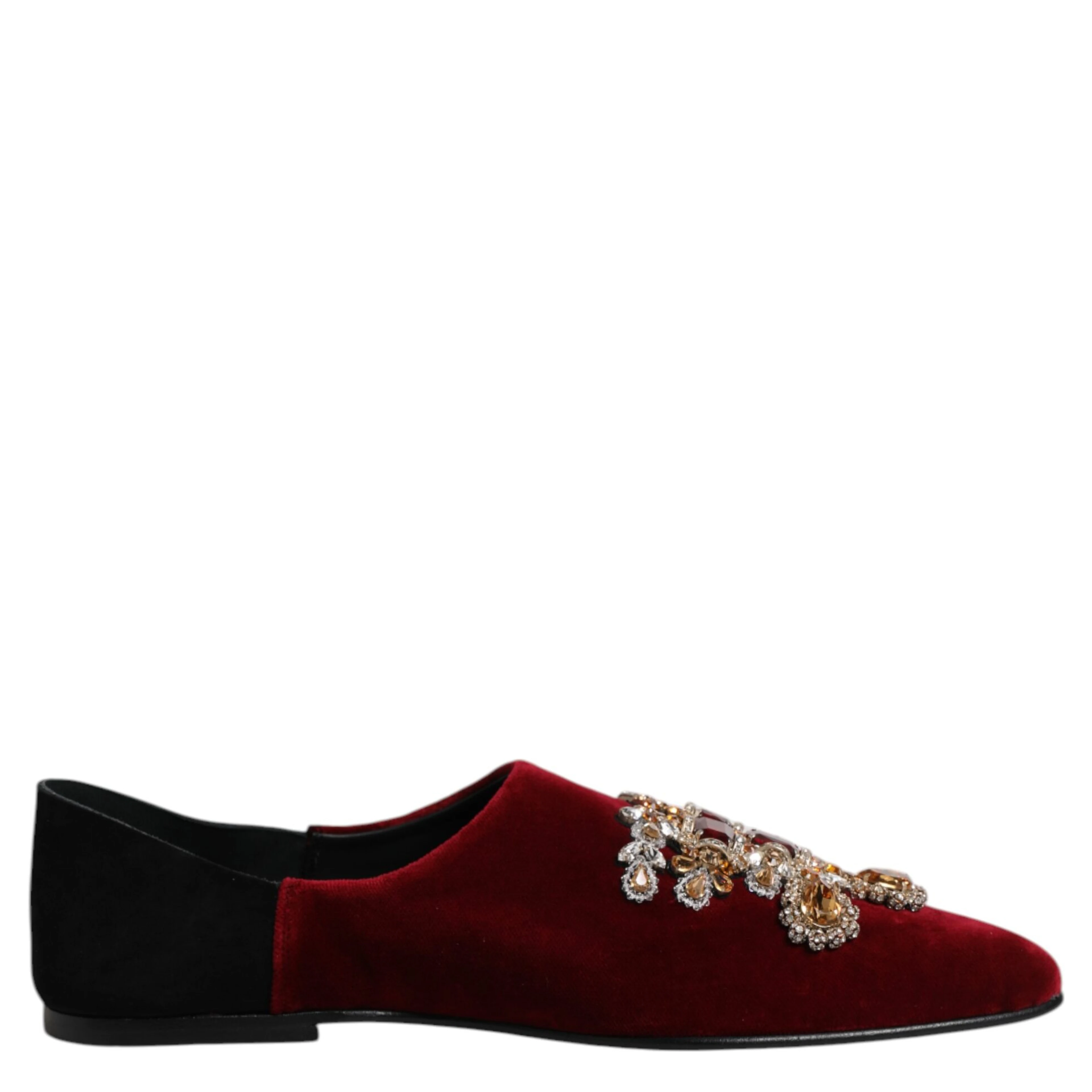 Black Red Velvet Embellished Slip On Shoes