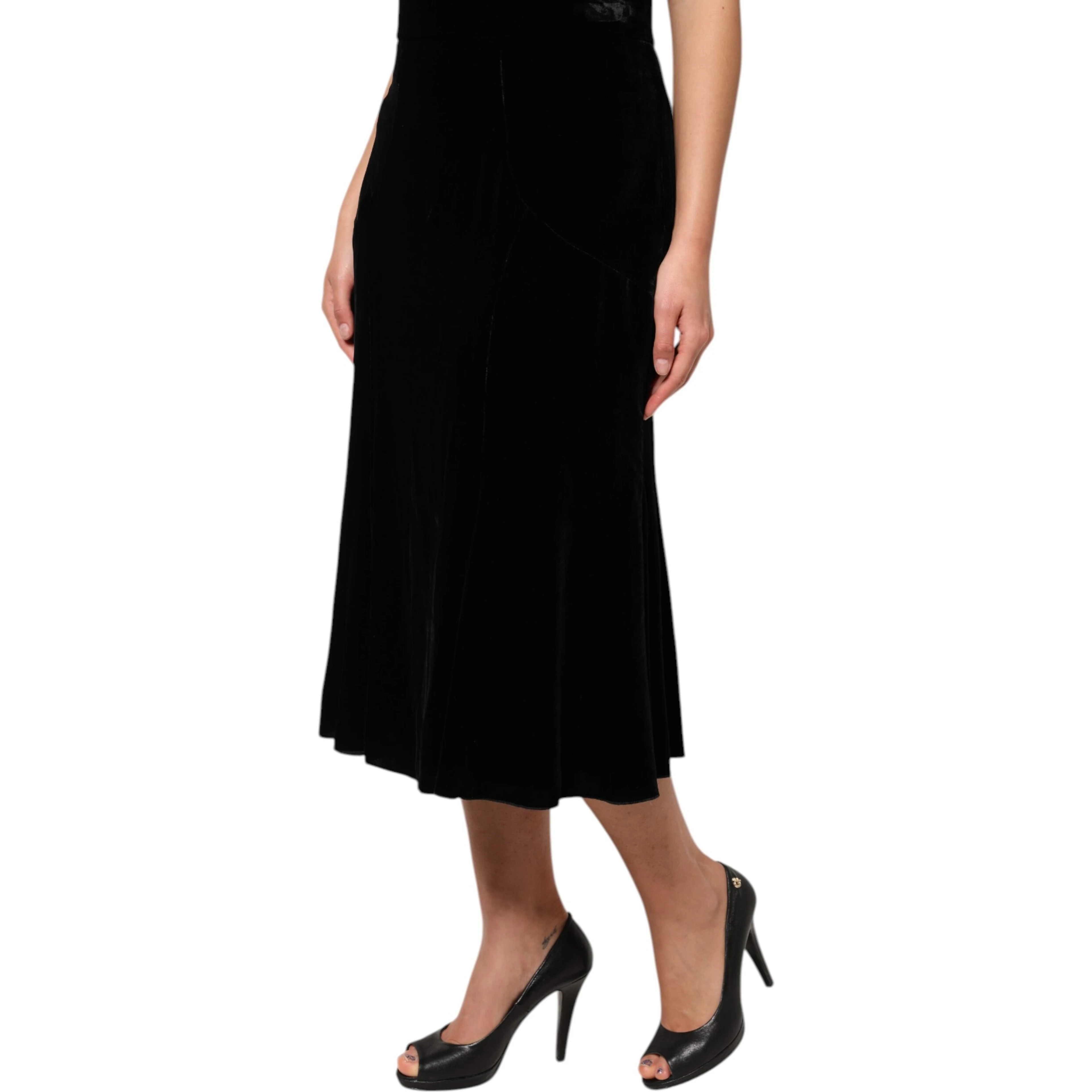 Black High Waist Fit Flared Midi Skirt
