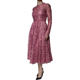 Pink Floral Lace Long Sleeve Midi Dress