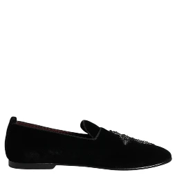 Black Velvet Embellished Loafer Slip On Shoes