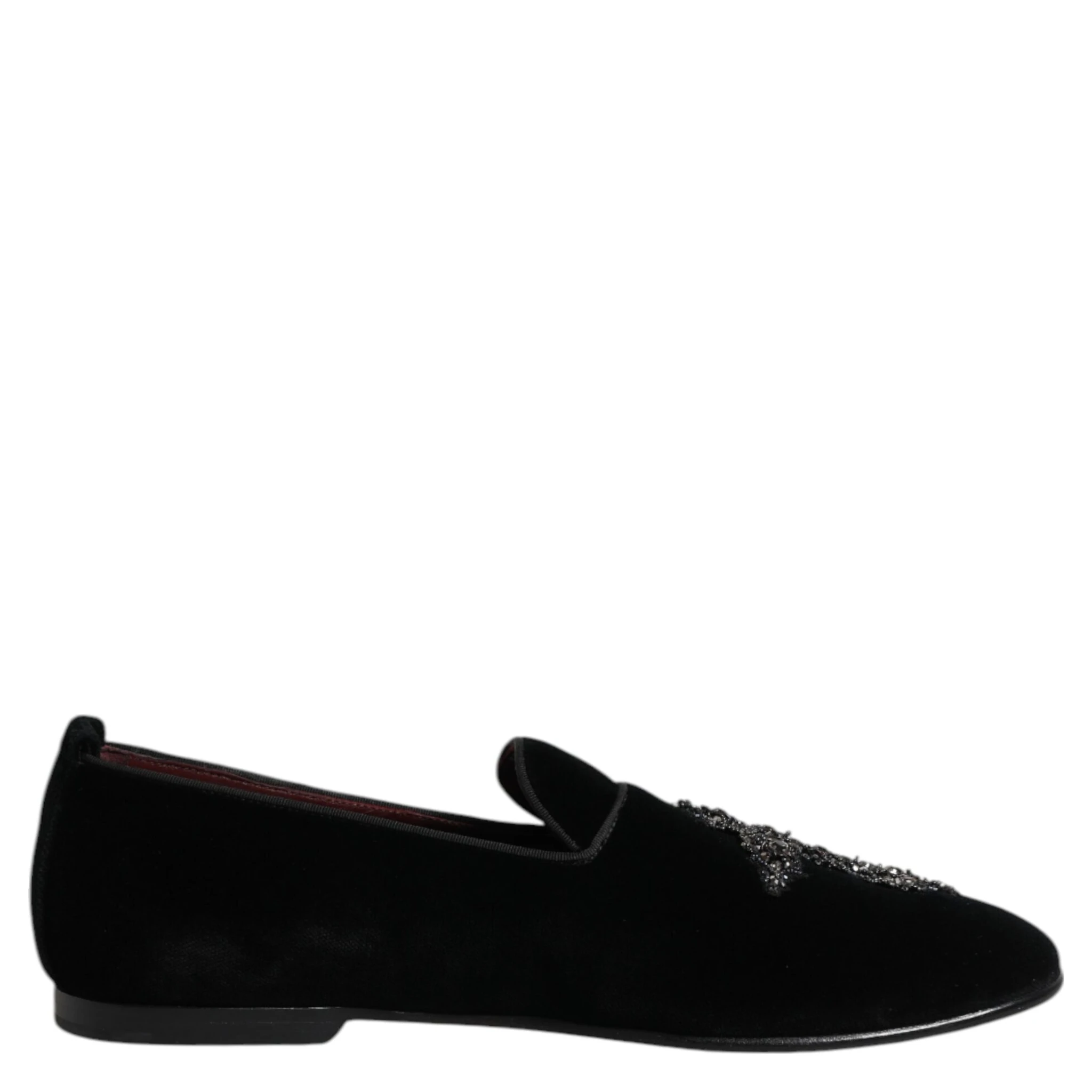 Black Velvet Embellished Loafer Slip On Shoes