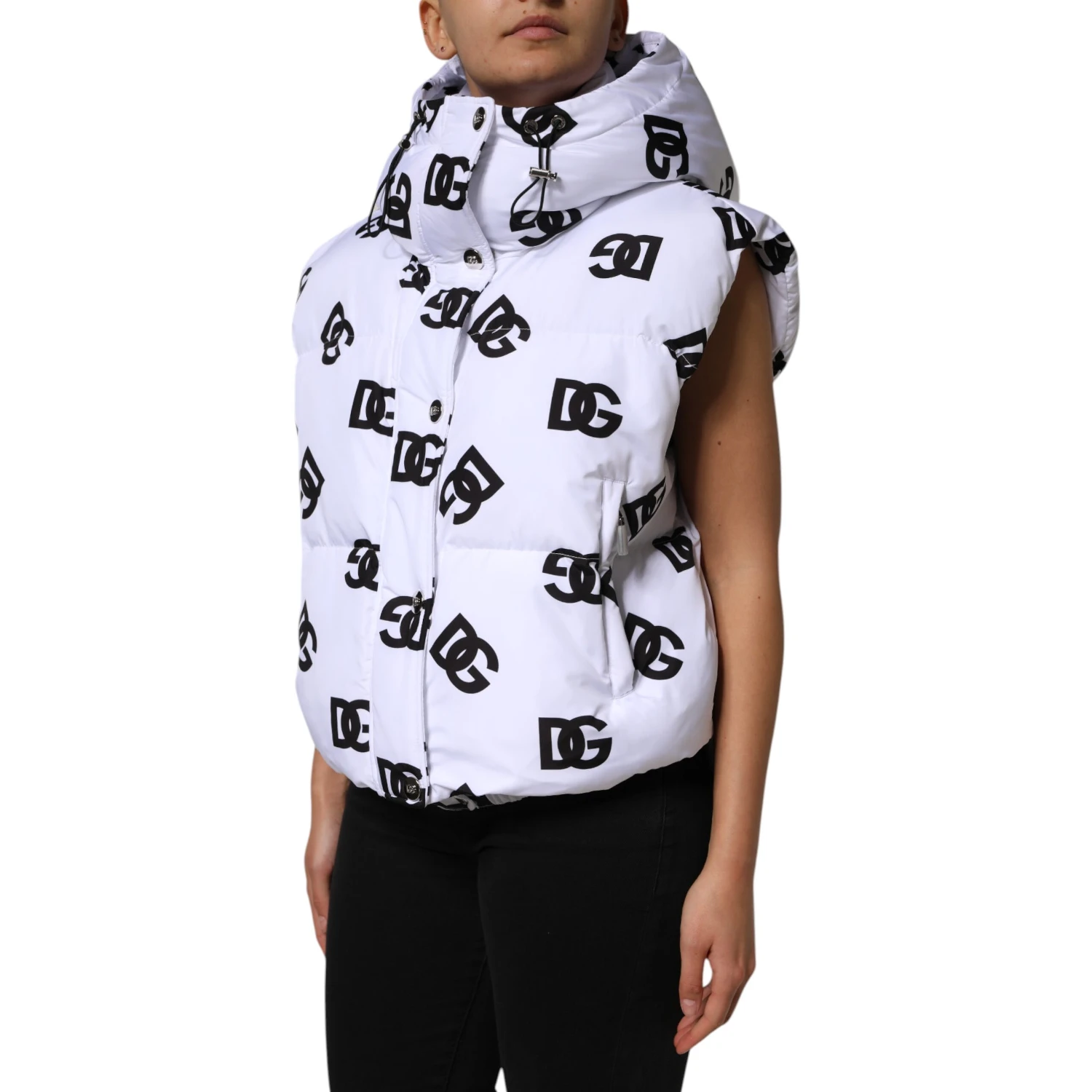 White Black DG Mania Polyester Puffer Jacket