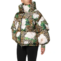 Multicolor Leopard Rose Puffer Quilted Jacket