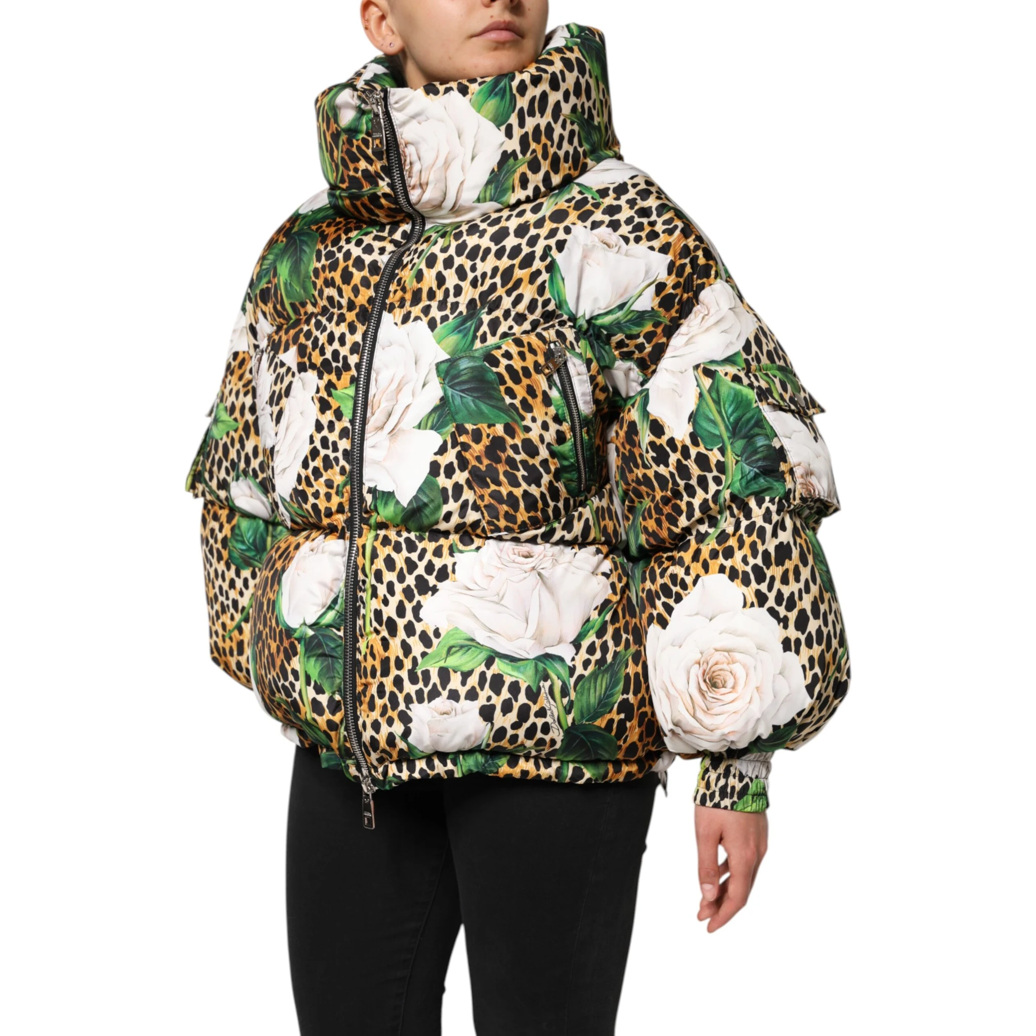 Multicolor Leopard Rose Puffer Quilted Jacket