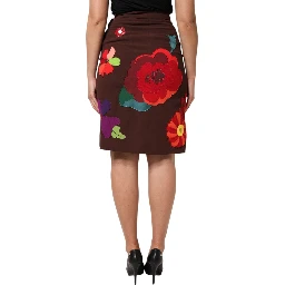 Brown Floral High Waist Side Slit Skirt
