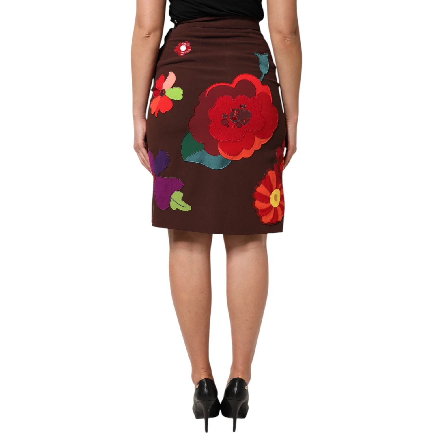 Brown Floral High Waist Side Slit Skirt