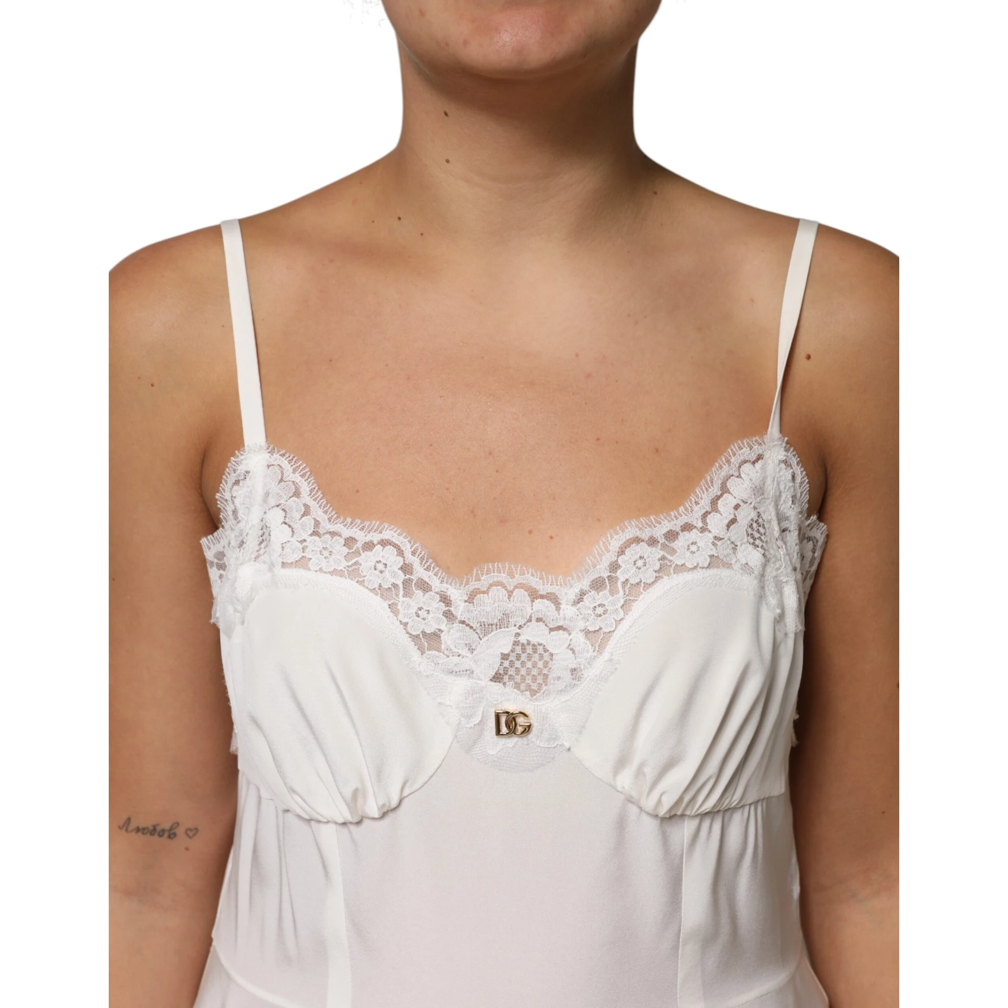 White Lace Gold DG Logo Silk Dress Sleepwear