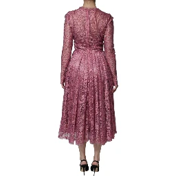Pink Floral Lace Long Sleeve Midi Dress