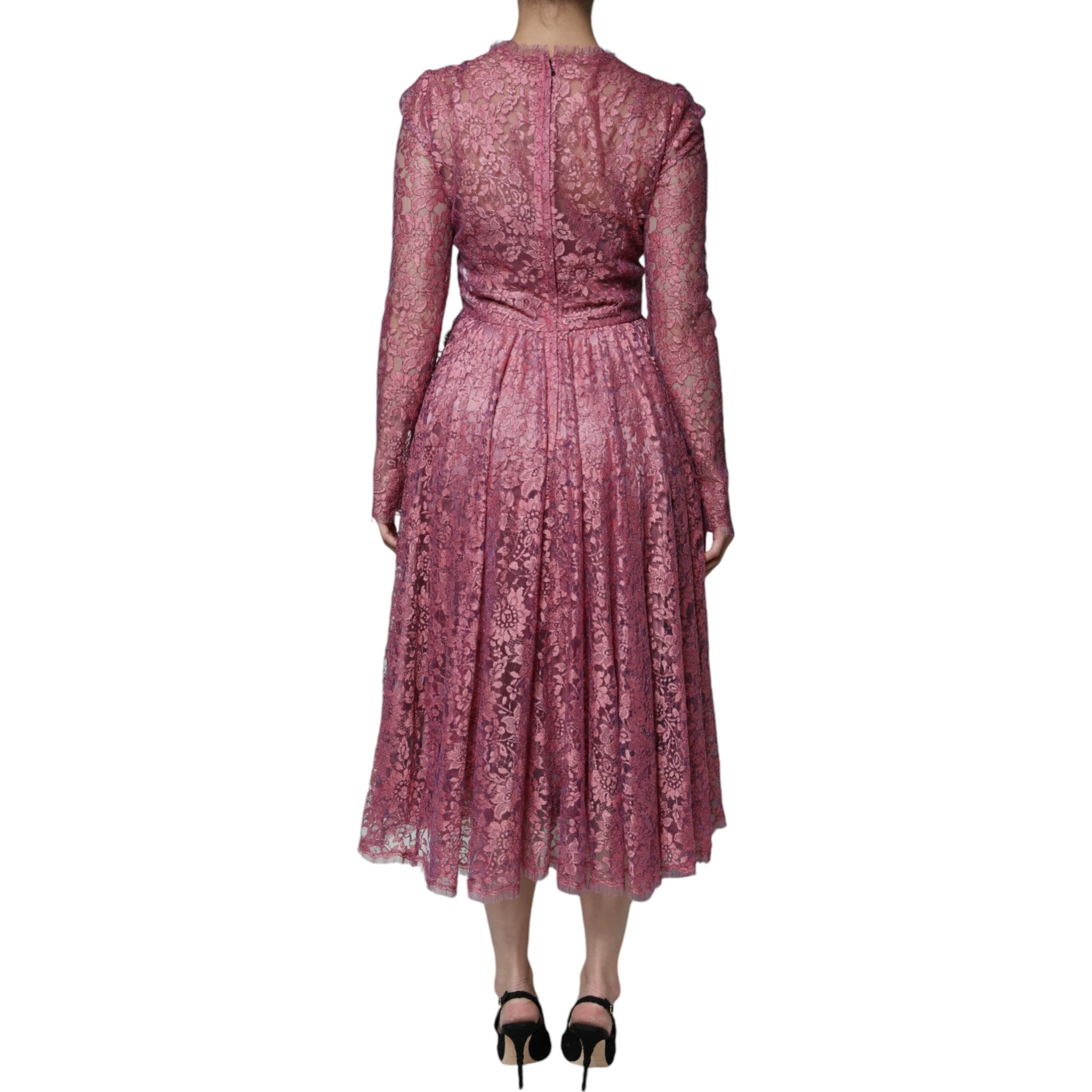 Pink Floral Lace Long Sleeve Midi Dress