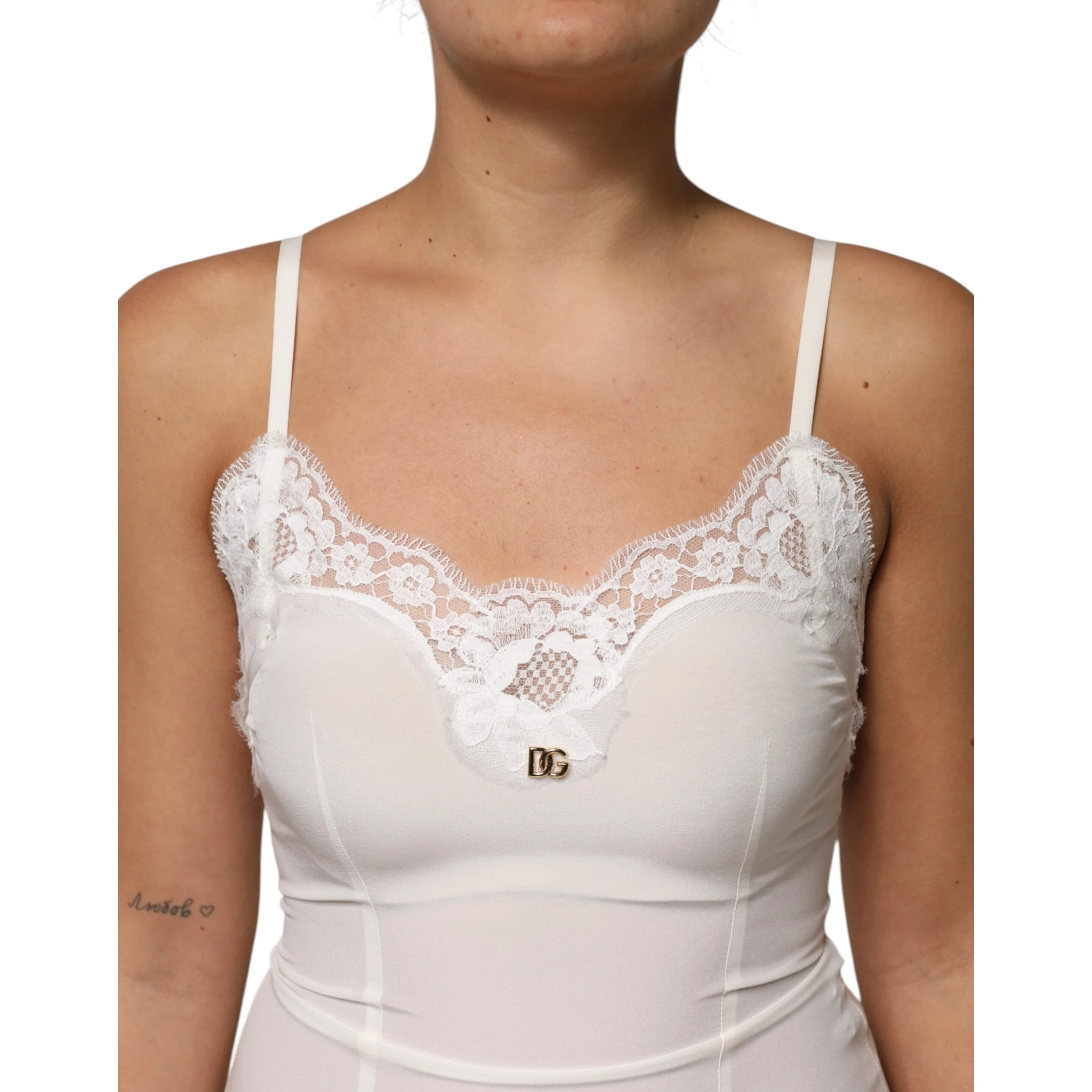 White Lace Gold DG Logo Silk Dress Sleepwear
