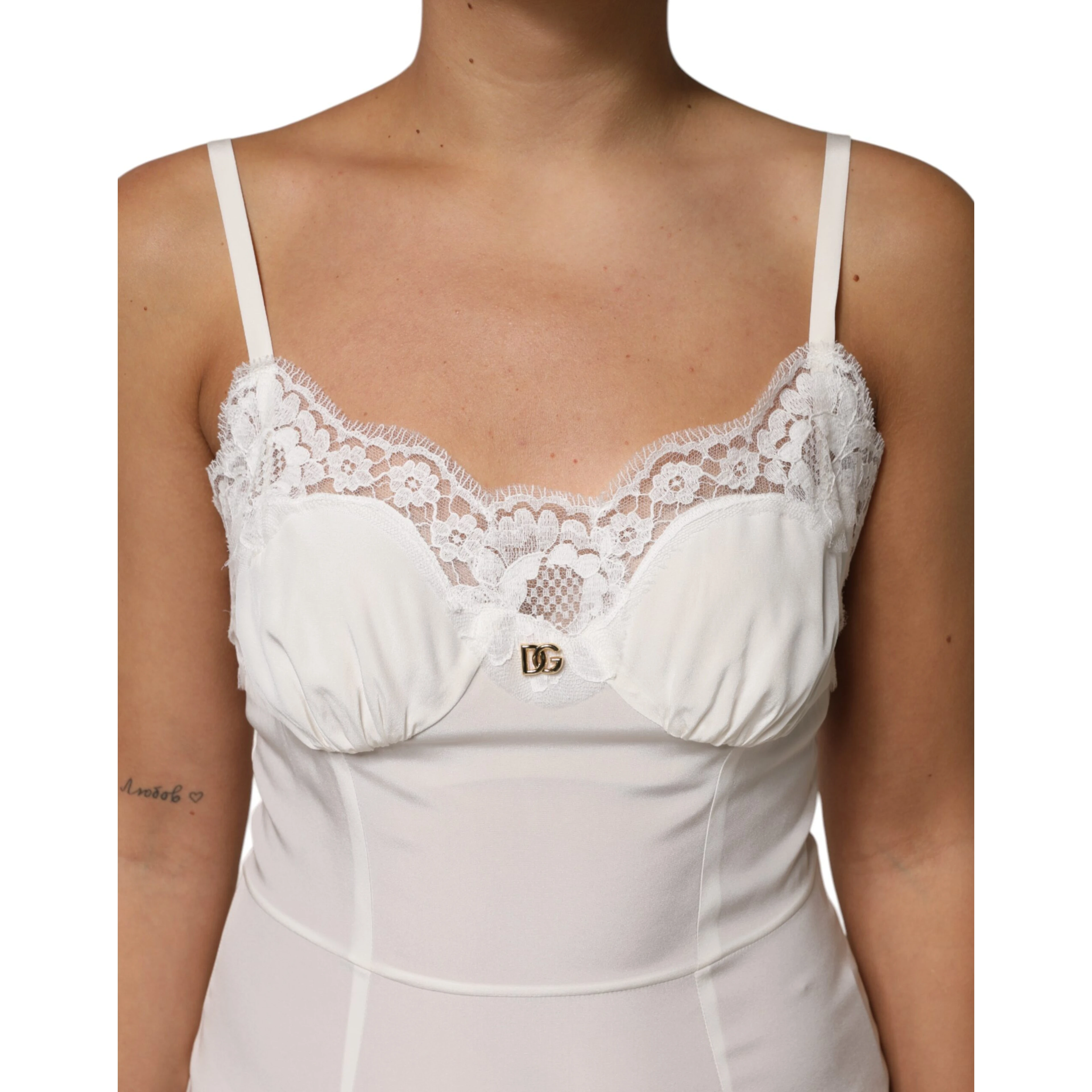 White Lace DG Logo Silk Dress Sleepwear