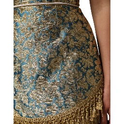Blue Floral Jacquard Tasseled Mini Skirt