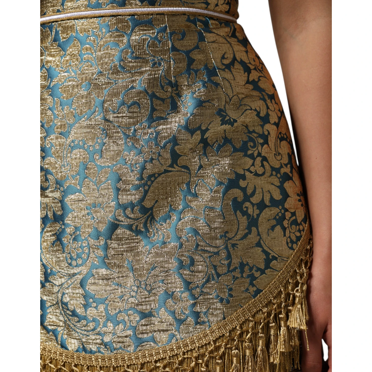 Blue Floral Jacquard Tasseled Mini Skirt
