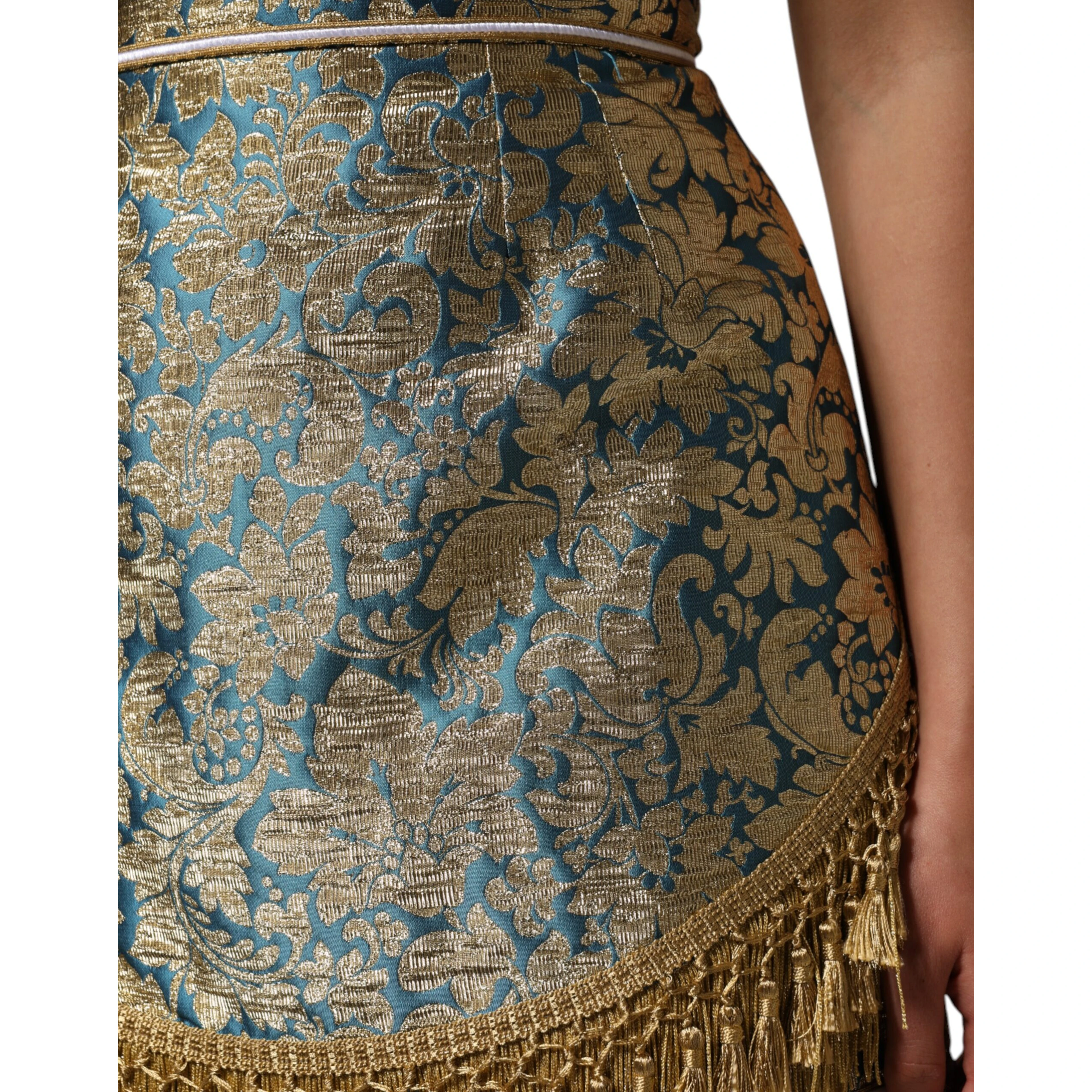 Blue Floral Jacquard Tasseled Mini Skirt