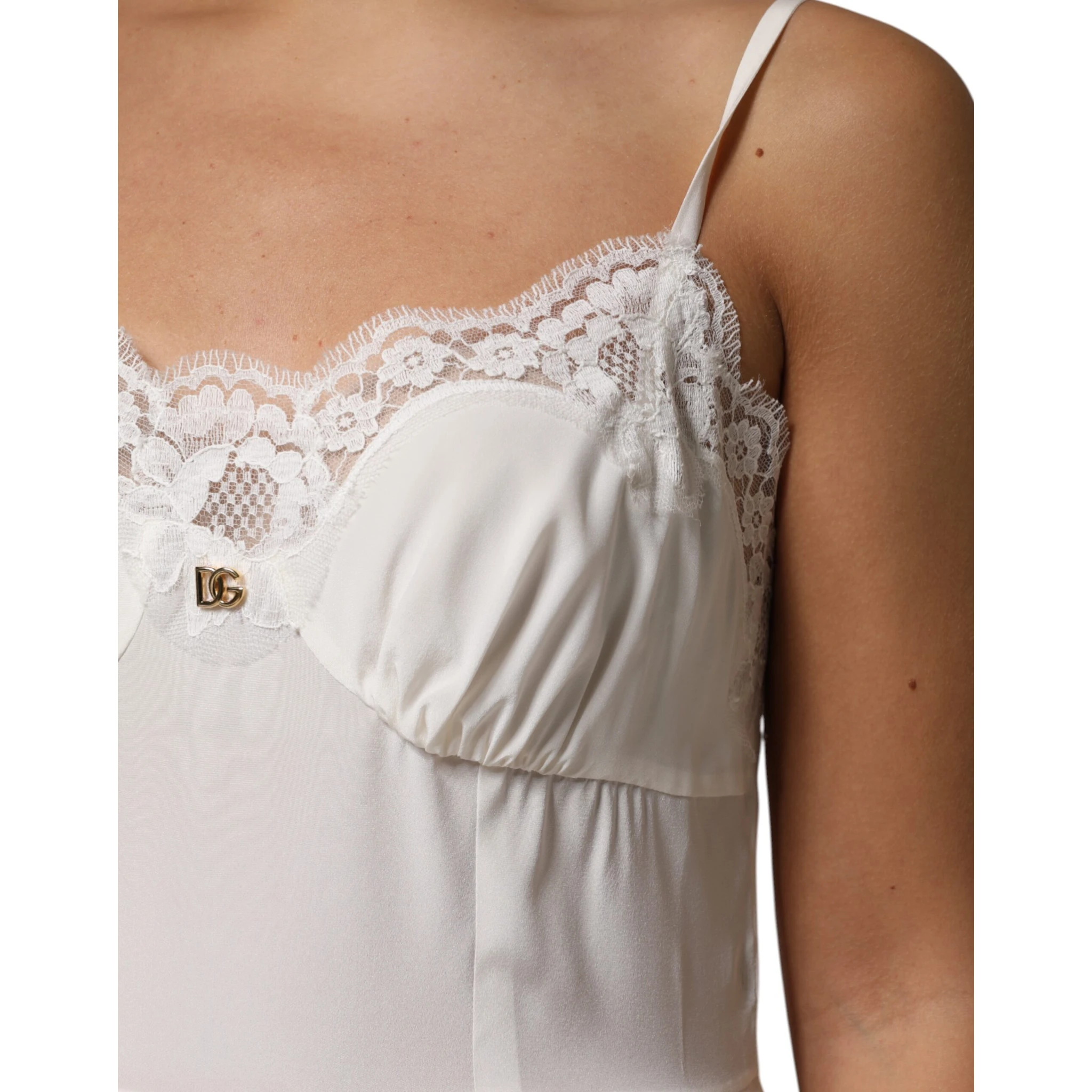 White Lace Gold DG Logo Silk Dress Sleepwear