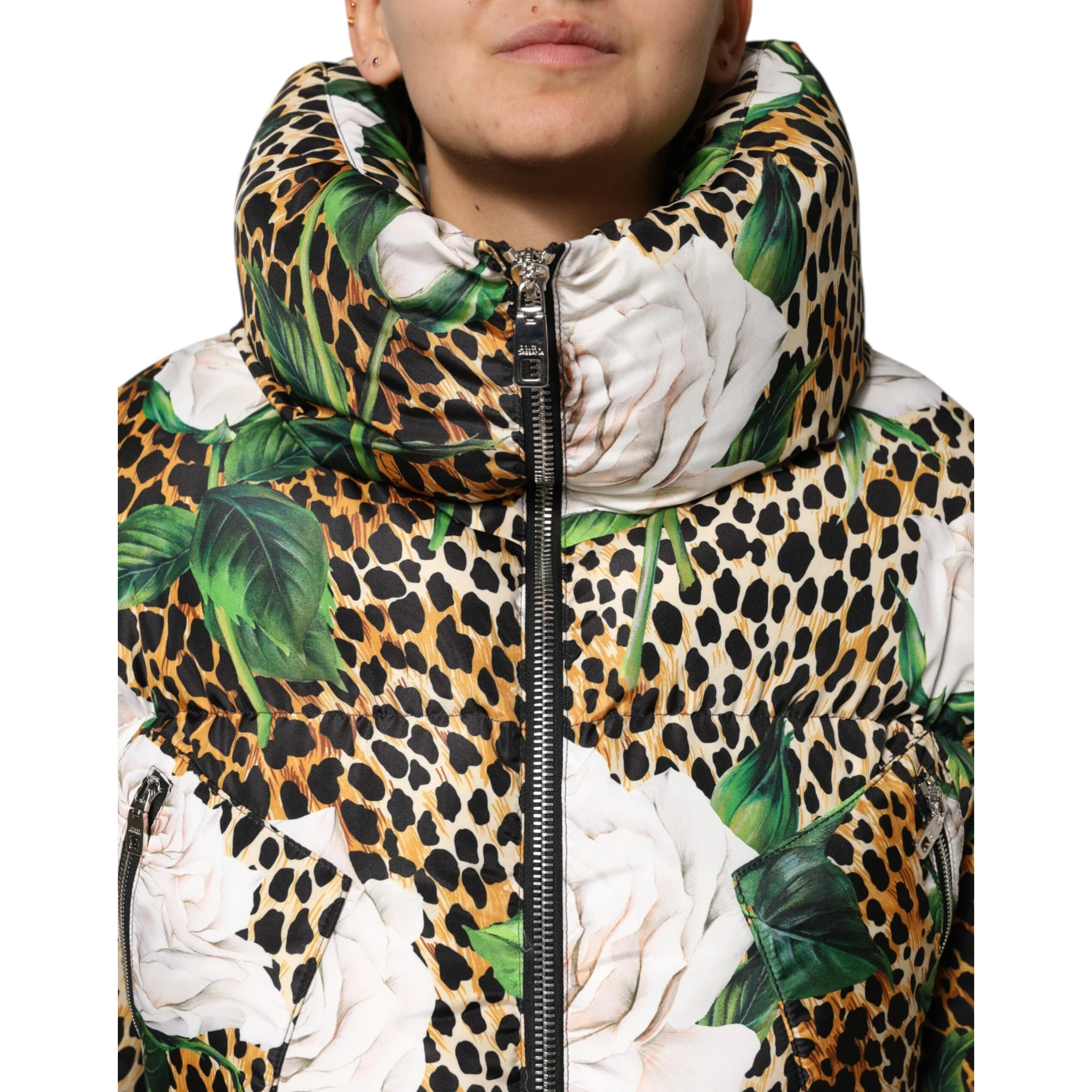 Multicolor Leopard Rose Puffer Quilted Jacket
