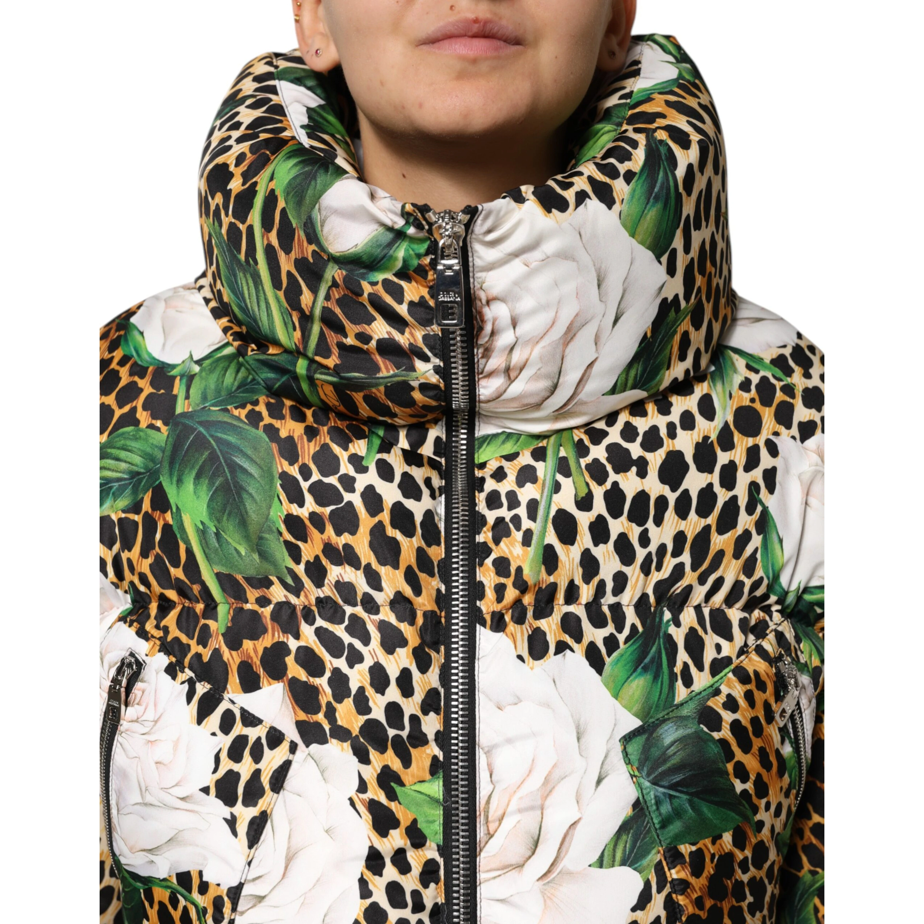 Multicolor Leopard Rose Puffer Quilted Jacket