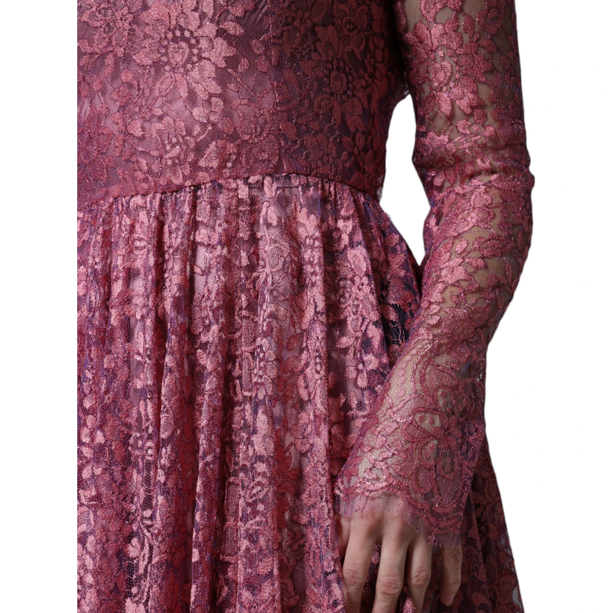 Pink Floral Lace Long Sleeve Midi Dress