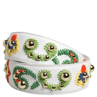 White Calfskin Raffia Embroidered Patchwork Shoulder Strap