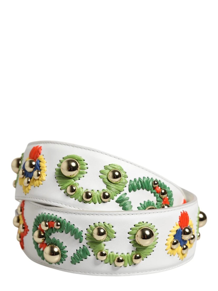 White Calfskin Raffia Embroidered Patchwork Shoulder Strap
