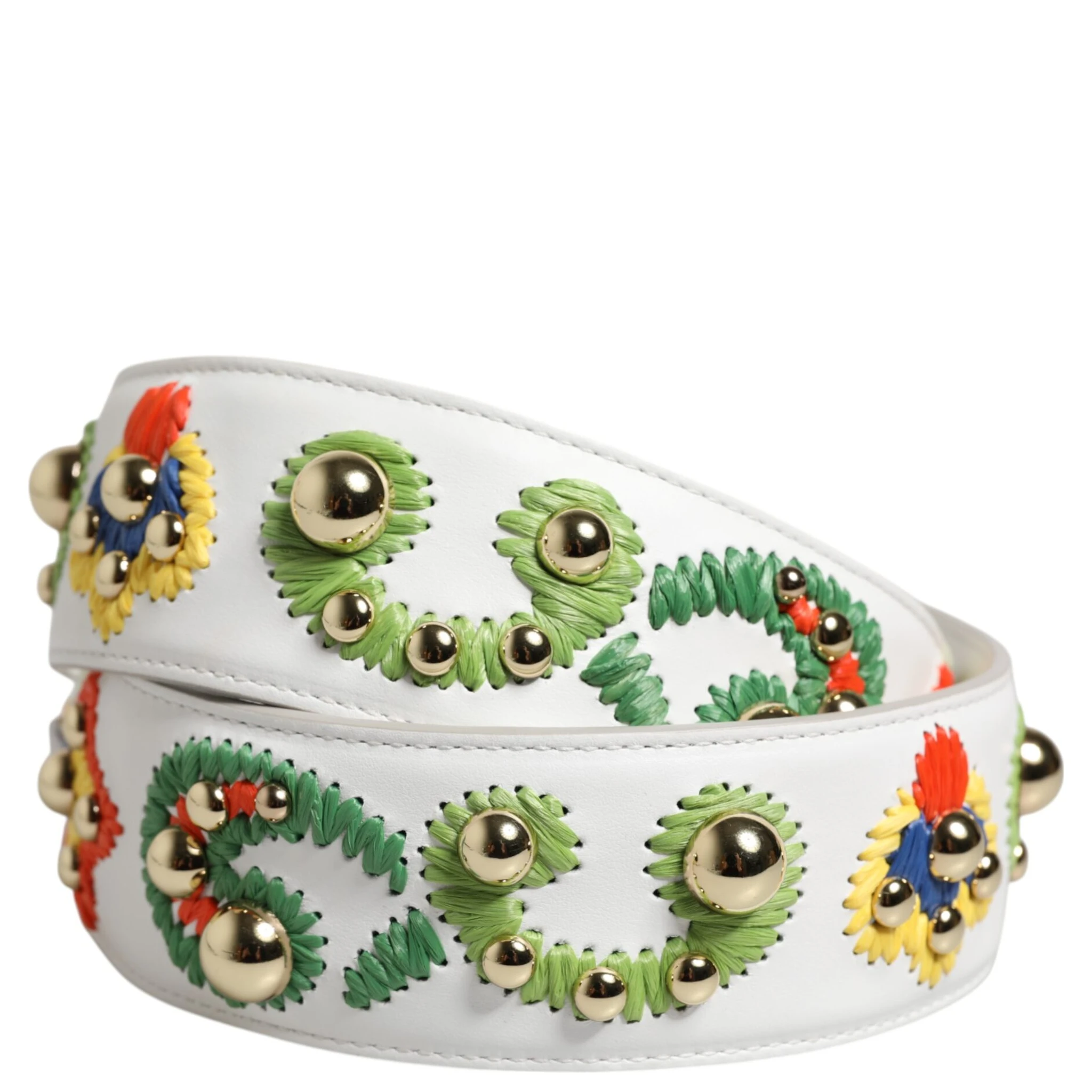 White Calfskin Raffia Embroidered Patchwork Shoulder Strap