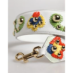 White Calfskin Raffia Embroidered Patchwork Shoulder Strap