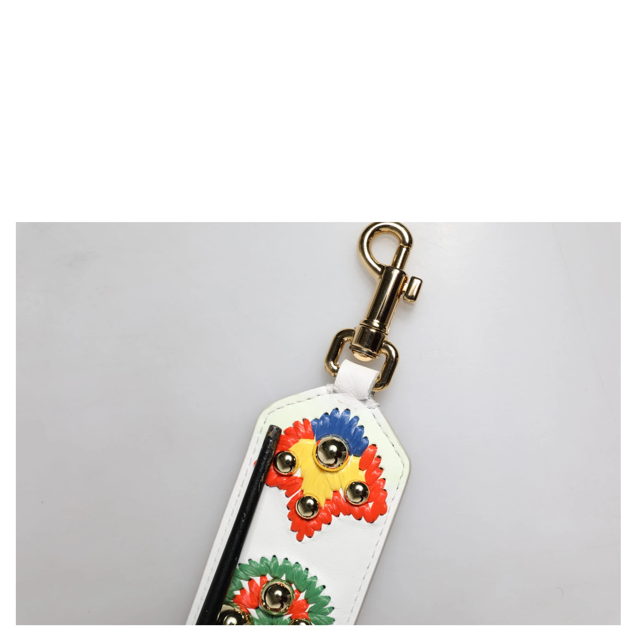 White Calfskin Raffia Embroidered Patchwork Shoulder Strap