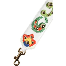 White Calfskin Raffia Embroidered Patchwork Shoulder Strap