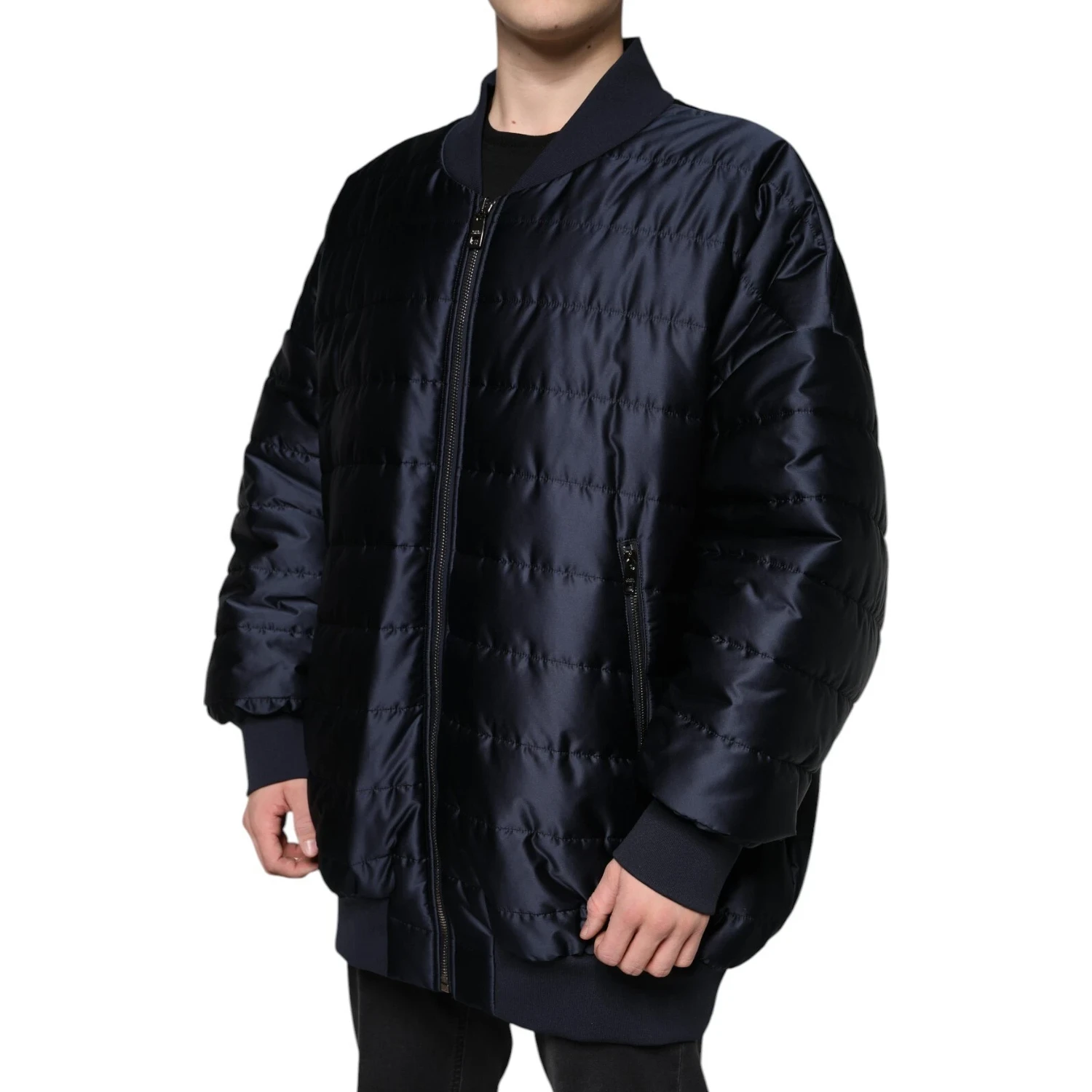 Dark Blue Quilted Full Zip Bomber Jacket