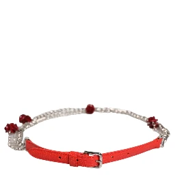 Red Leather Silver Chain Floral Cintura Belt