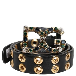 Black Leather Eyelet Crystal DG Buckle Belt