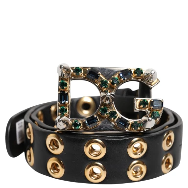 Black Leather Eyelet Crystal DG Buckle Belt