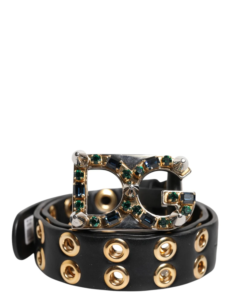 Black Leather Eyelet Crystal DG Buckle Belt