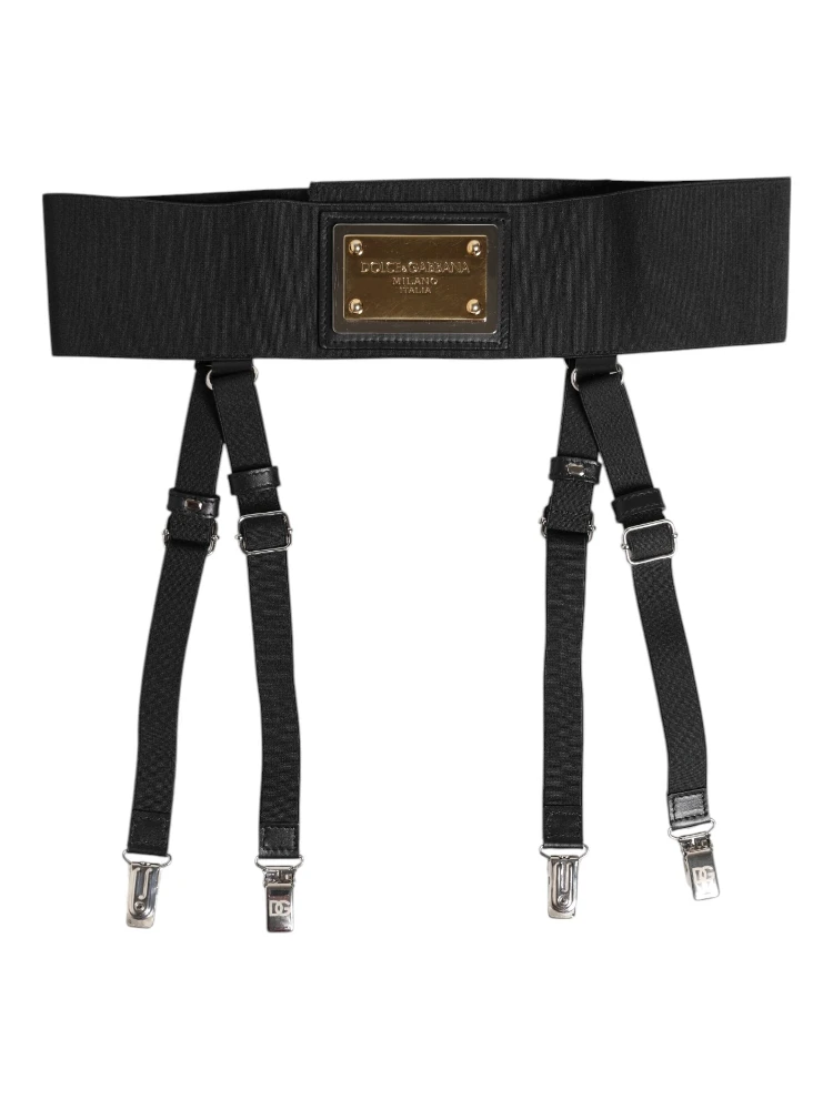 Black Leather Logo Wide Waist Belt Suspender