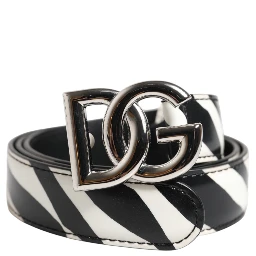 Black White Leather Silver Metal Buckle Belt