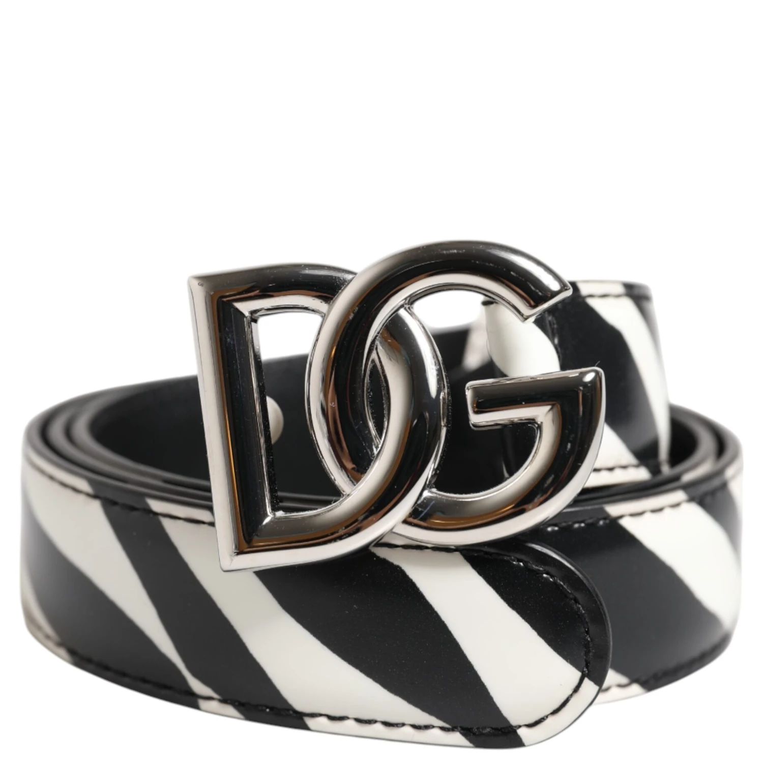 Black White Leather Silver Metal Buckle Belt