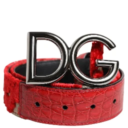 Red Viscose Silver DG Logo Metal Buckle Belt