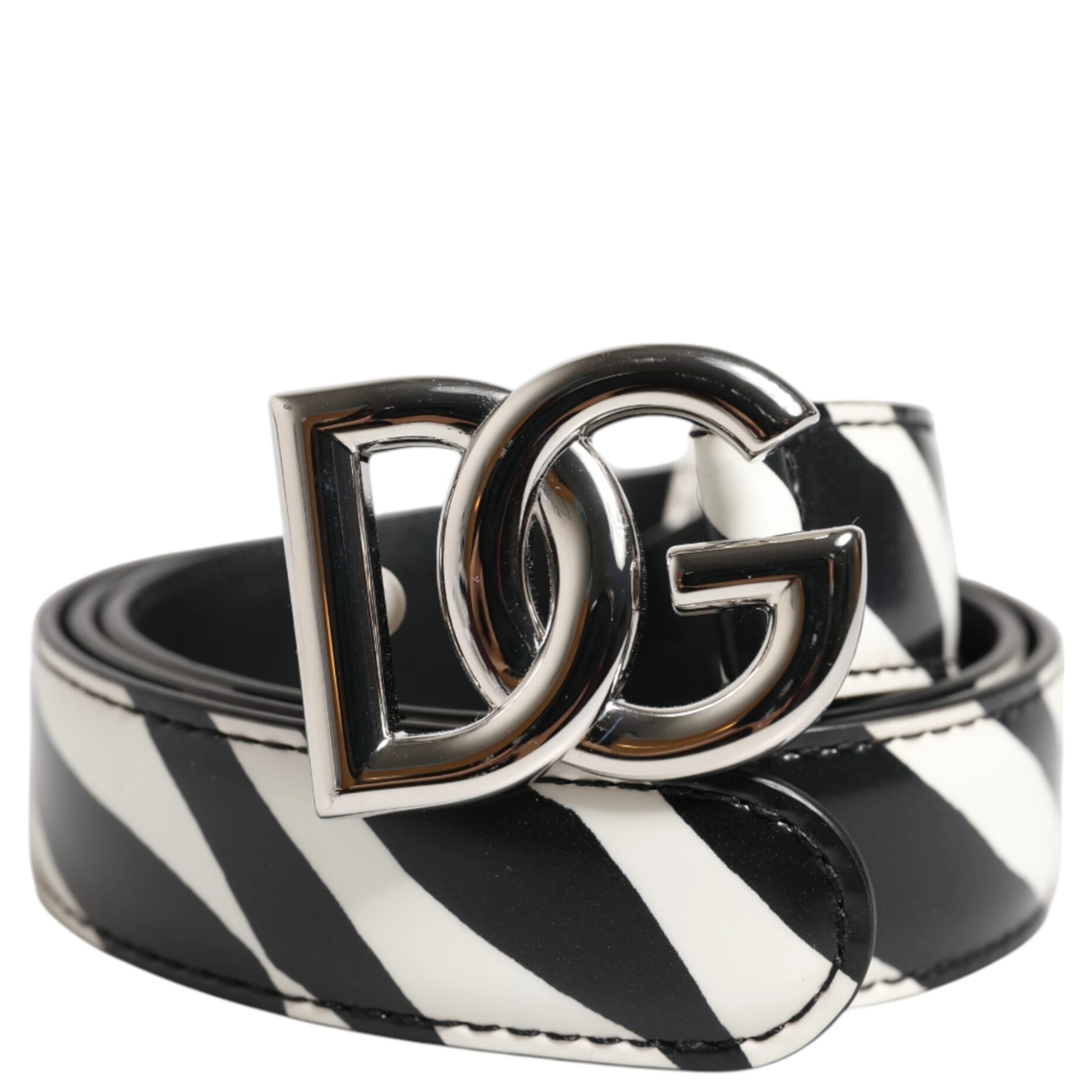 Black White Leather Silver Metal Buckle Belt