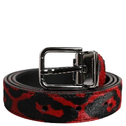 Black Red Leopard Silver Metal Buckle Belt