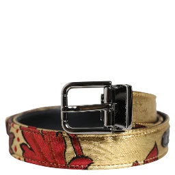 Gold Floral Jacquard Silver Metal Buckle Belt