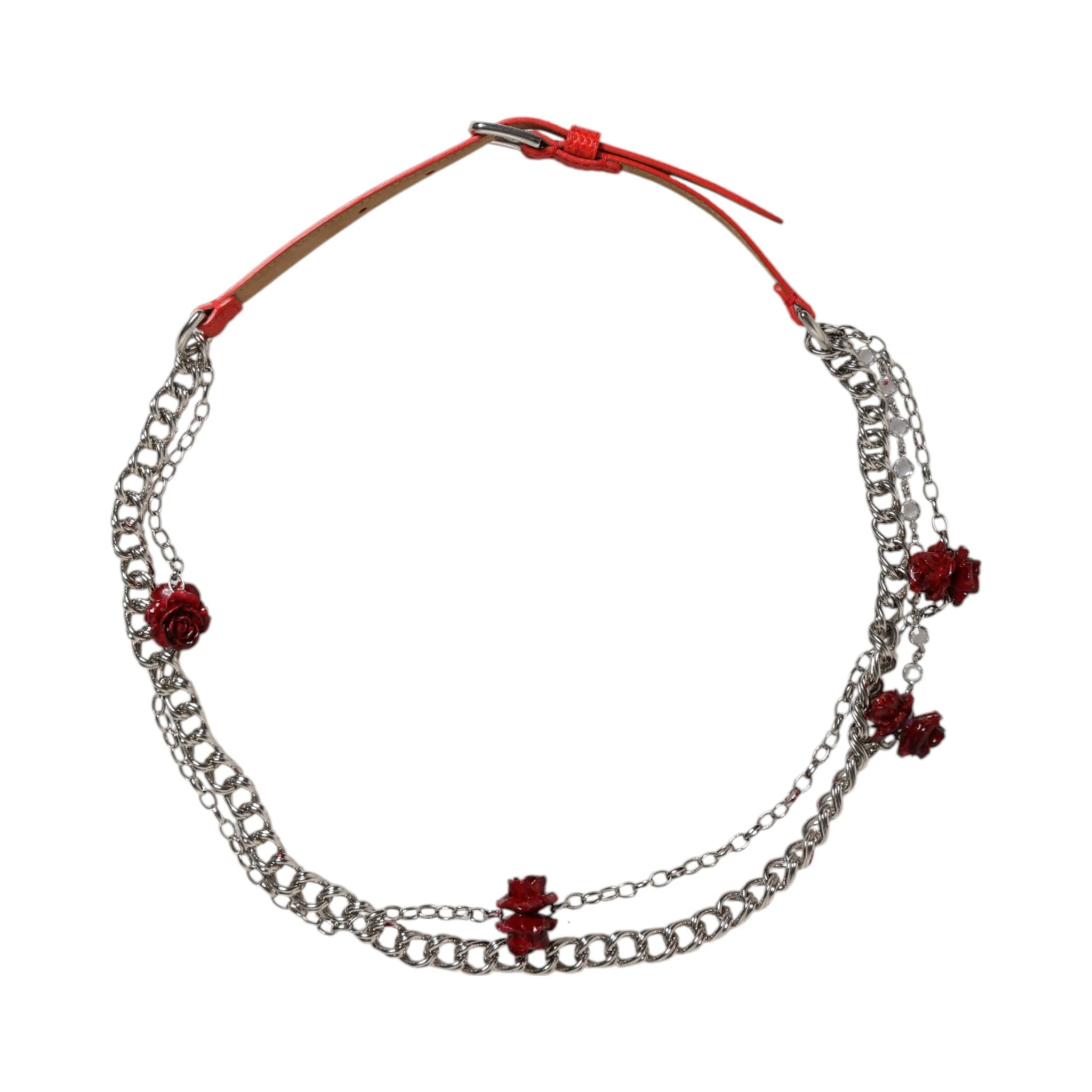 Red Leather Silver Chain Floral Cintura Belt