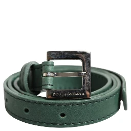 Dark Green Leather Silver Metal Buckle Belt