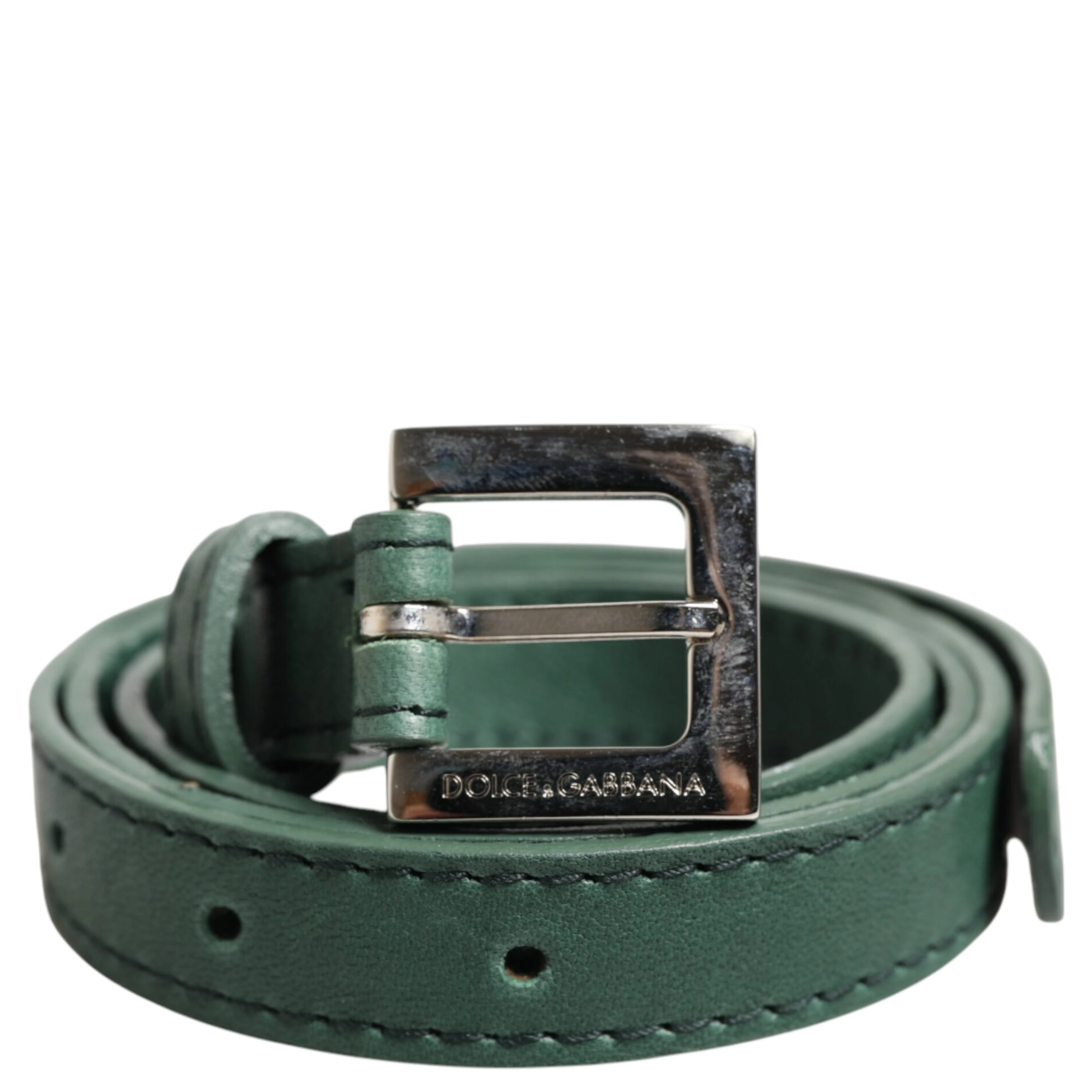 Dark Green Leather Silver Metal Buckle Belt