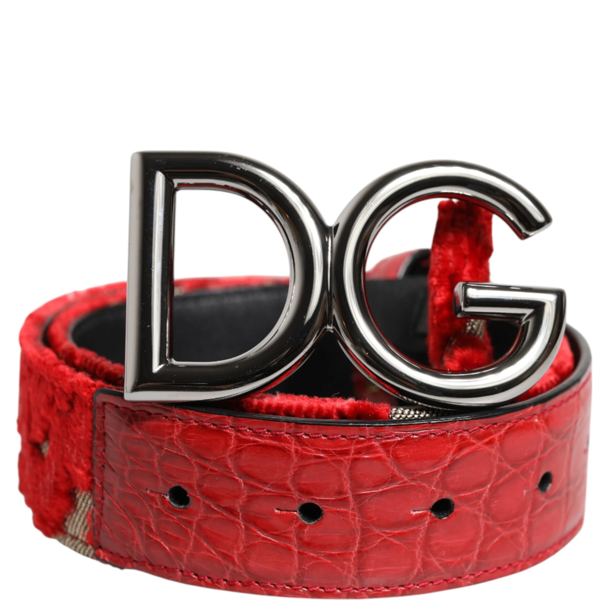 Red Viscose Silver DG Logo Metal Buckle Belt